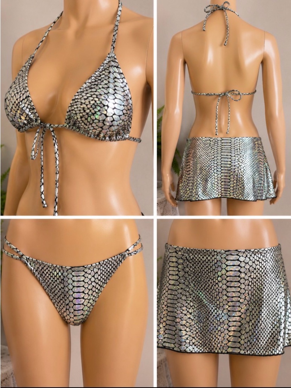 Holographic Snake-Scale Triangle Bikini Set with Mini Skirt - Silver